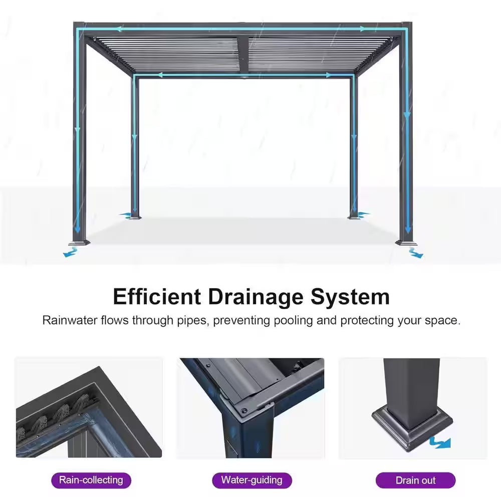 10.2 Ft. X 12.3 Ft. Gray Aluminum Outdoor Louvered Pergola with 2-Individual Adjustable Roofs and In-Built Gutter System
