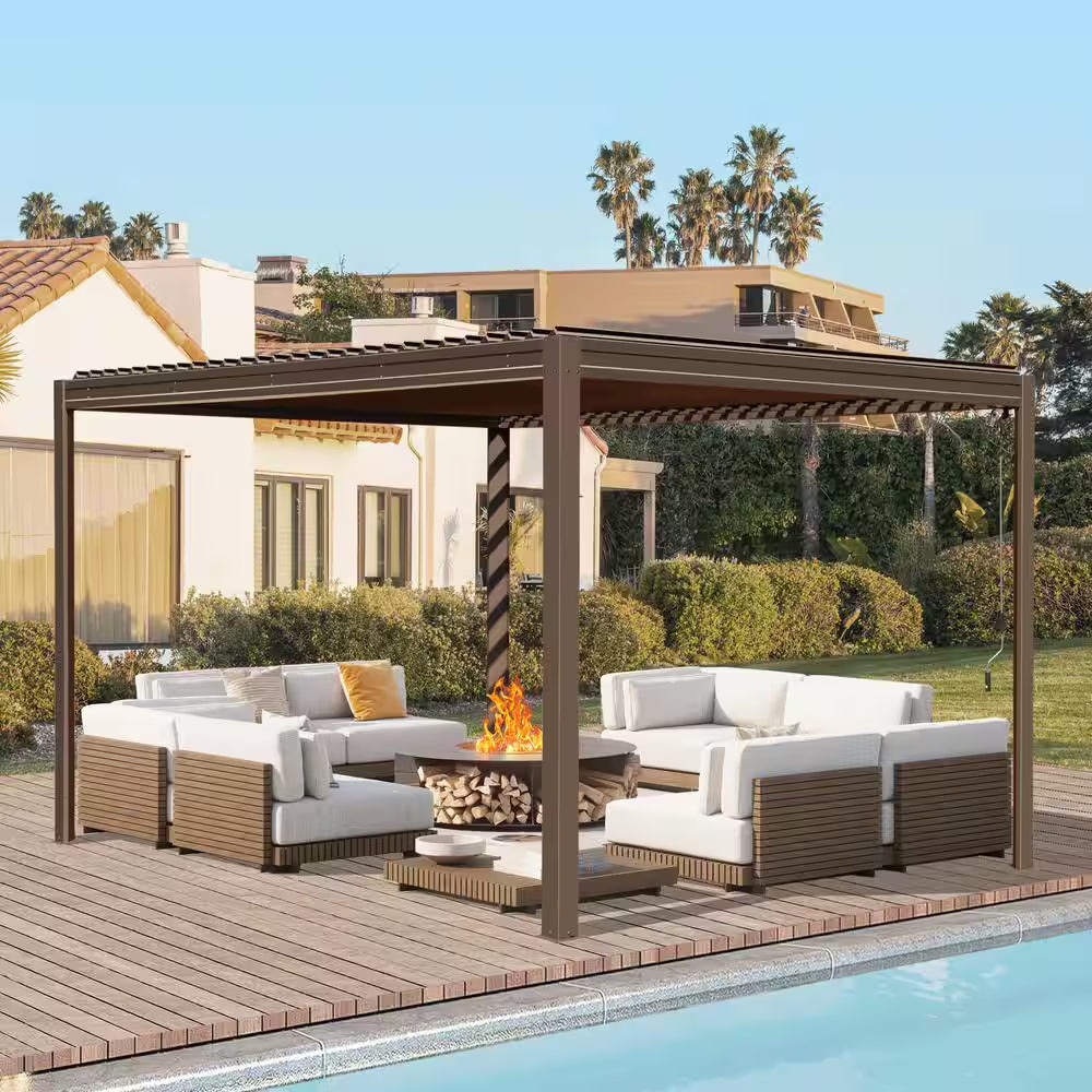 10 Ft. X 13 Ft. Brown Aluminum Metal Louvered Pergola
