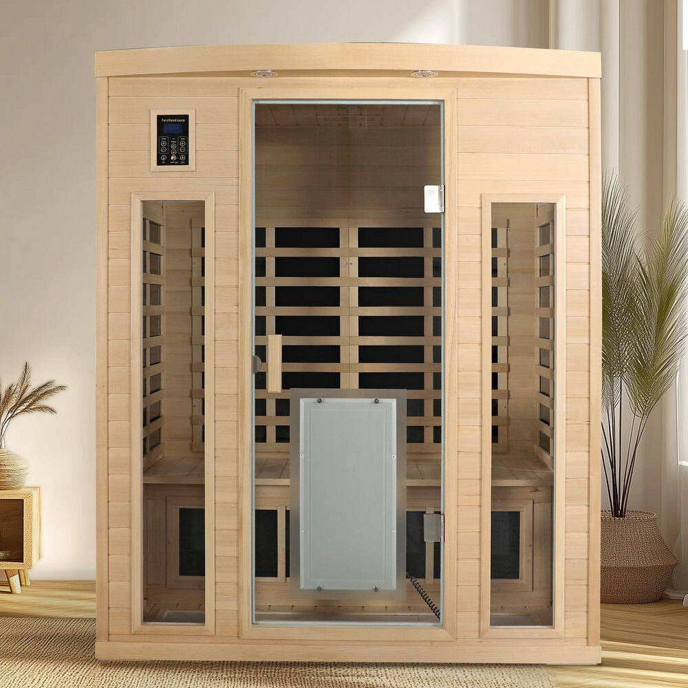 3-Person Natural Wood Far Infrared Hemlock Wood Sauna Room with LED Reading Light