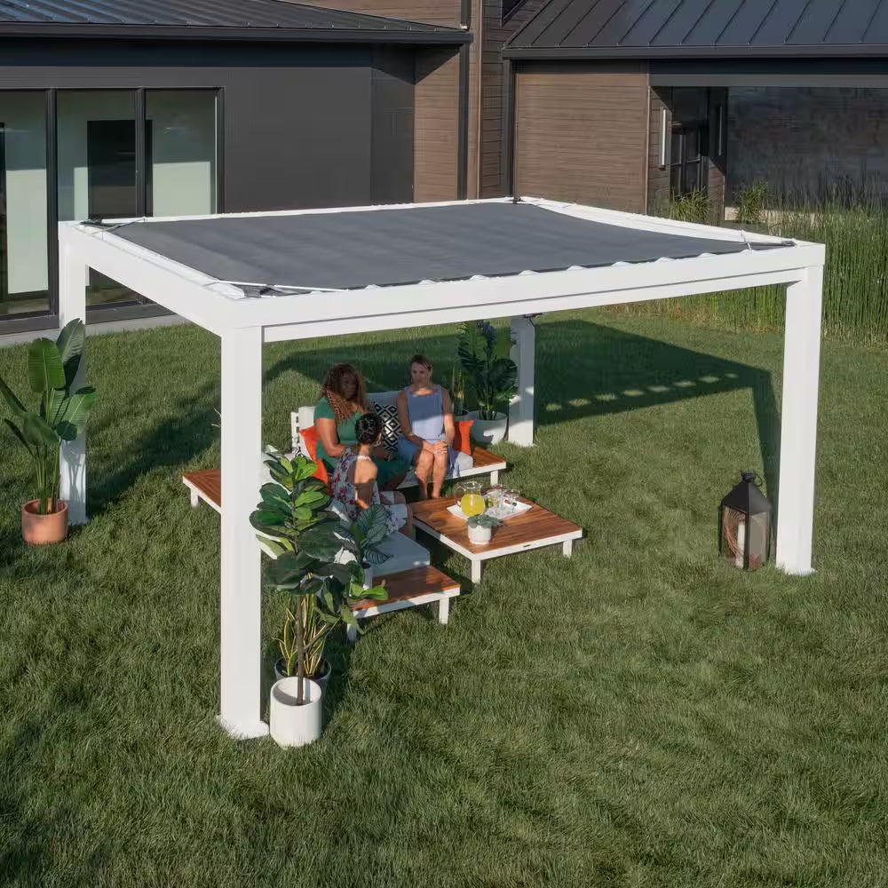 Windham 14 Ft. X 10 Ft. White Powder Coated Galvanized Steel Metal Modern Pergola W/ Sail Shade Soft Canopy and Electric