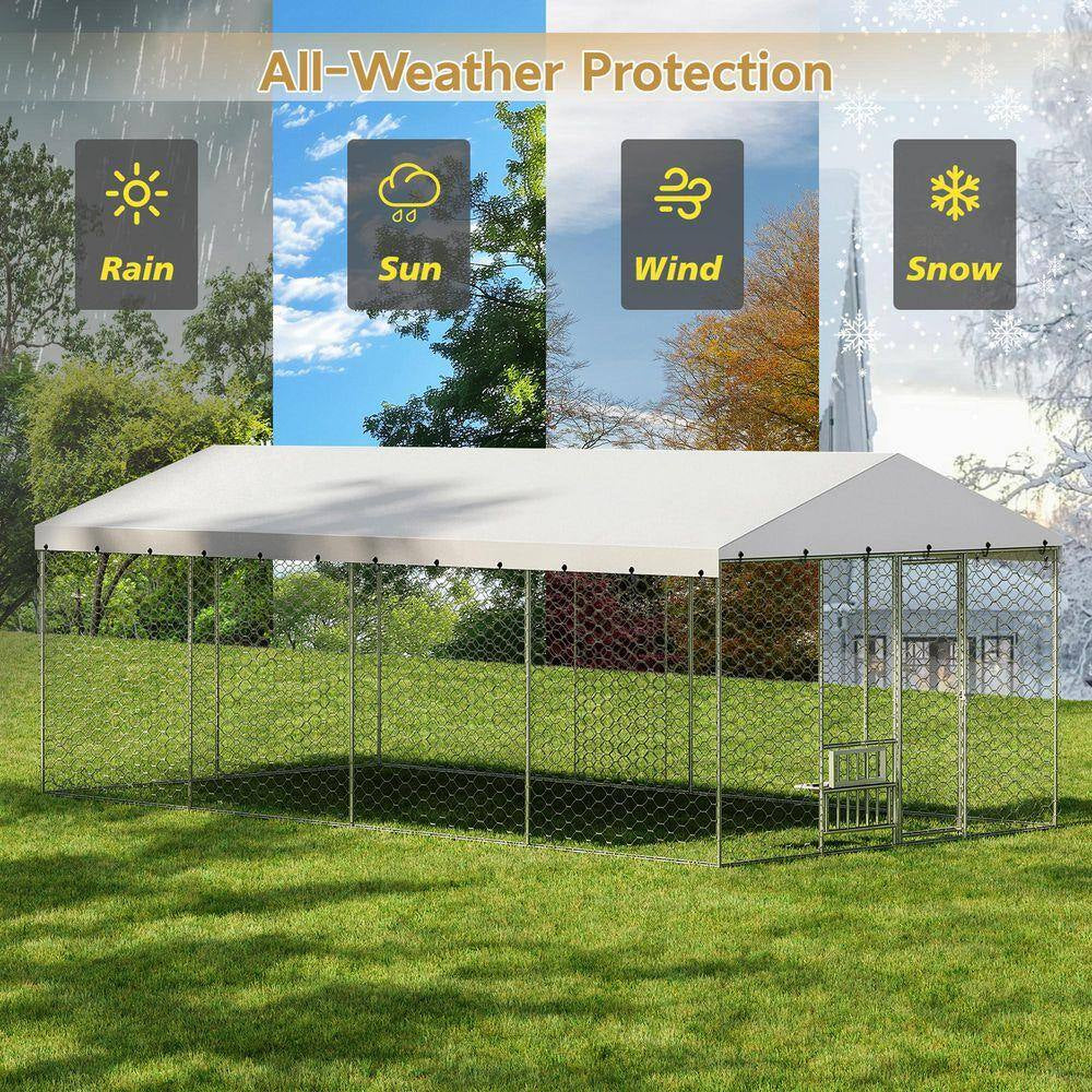 10 Ft.W X 20 Ft.D Outdoor Metal Shed Dog Kennel W/Canopy,Built-In Elevated Feeding Bowls,Escape-Proof(200 Sq.Ft.)