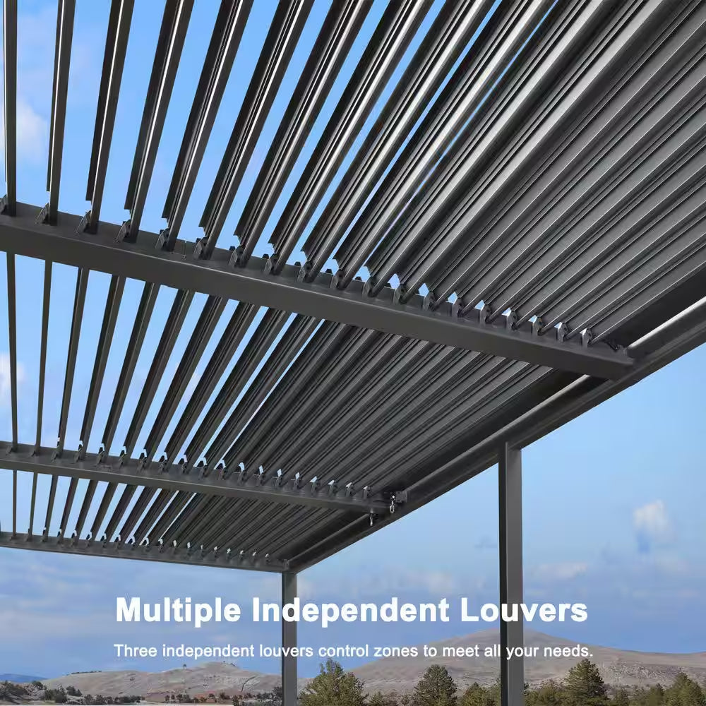 11.4 Ft. X 20.4 Ft. Gray Aluminum Patio Louvered Pergola Hardtop Gazebo with Adjustable Sunshade Roof and String Lights