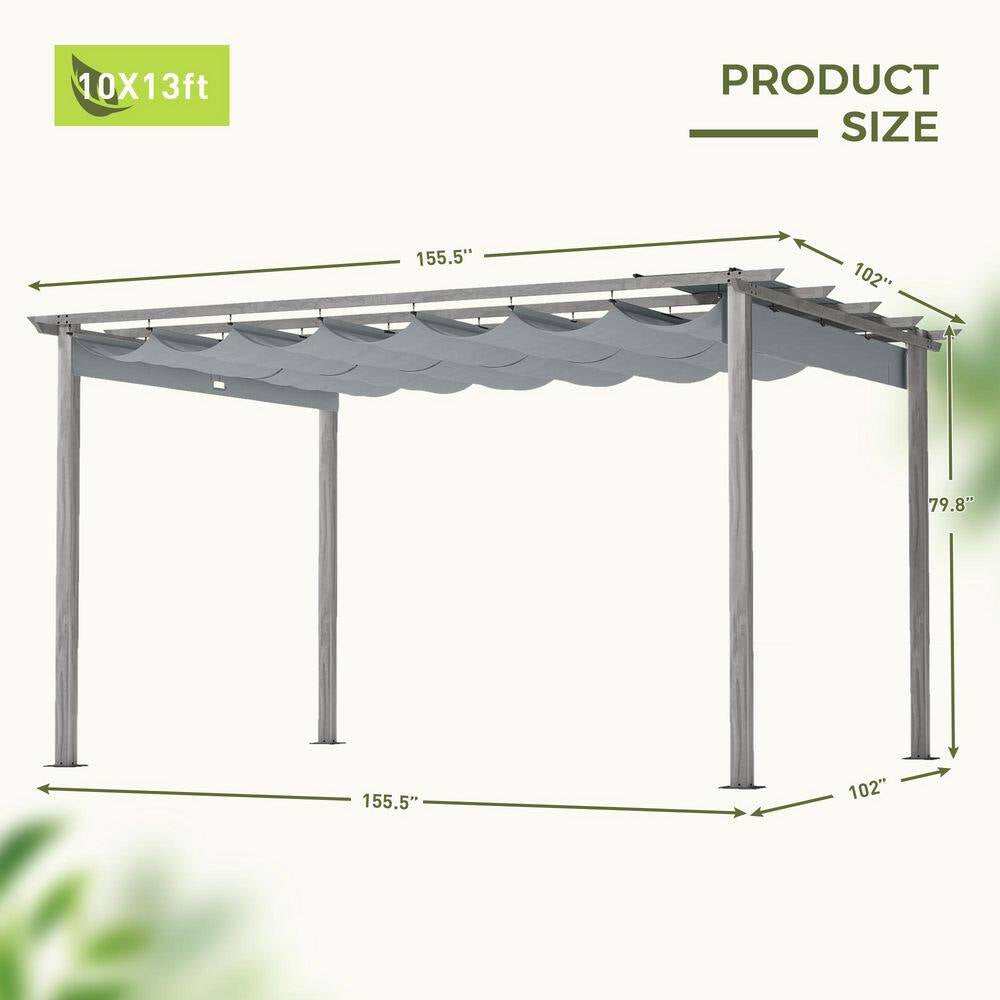 10 Ft. X 13 Ft. Wood Grain Aluminum Outdoor Pergola with Gray Retractable Shade Canopy