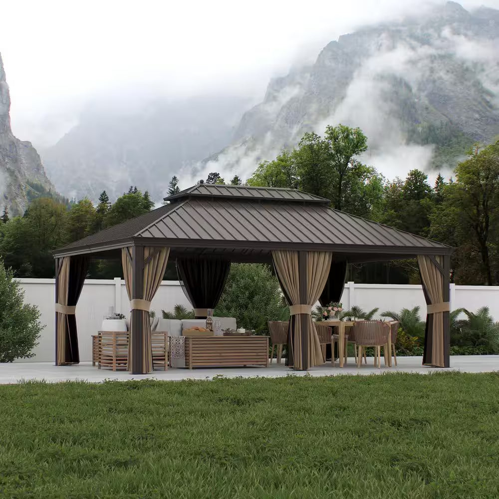14 Ft. X 20 Ft. Aluminum Outdoor Gazebo Double Roof Canopyw/Netting, Curtains, Garden Tent for Patio, Backyard, Lawns