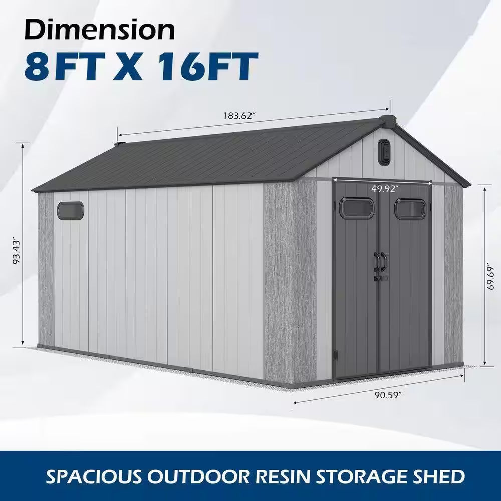 8 Ft. W X 16 Ft. D Resin Garden Outdoor Storage Shed with Carpet for Tools, Lawn Mower, Patio, Backyard 128 Sq. Ft.