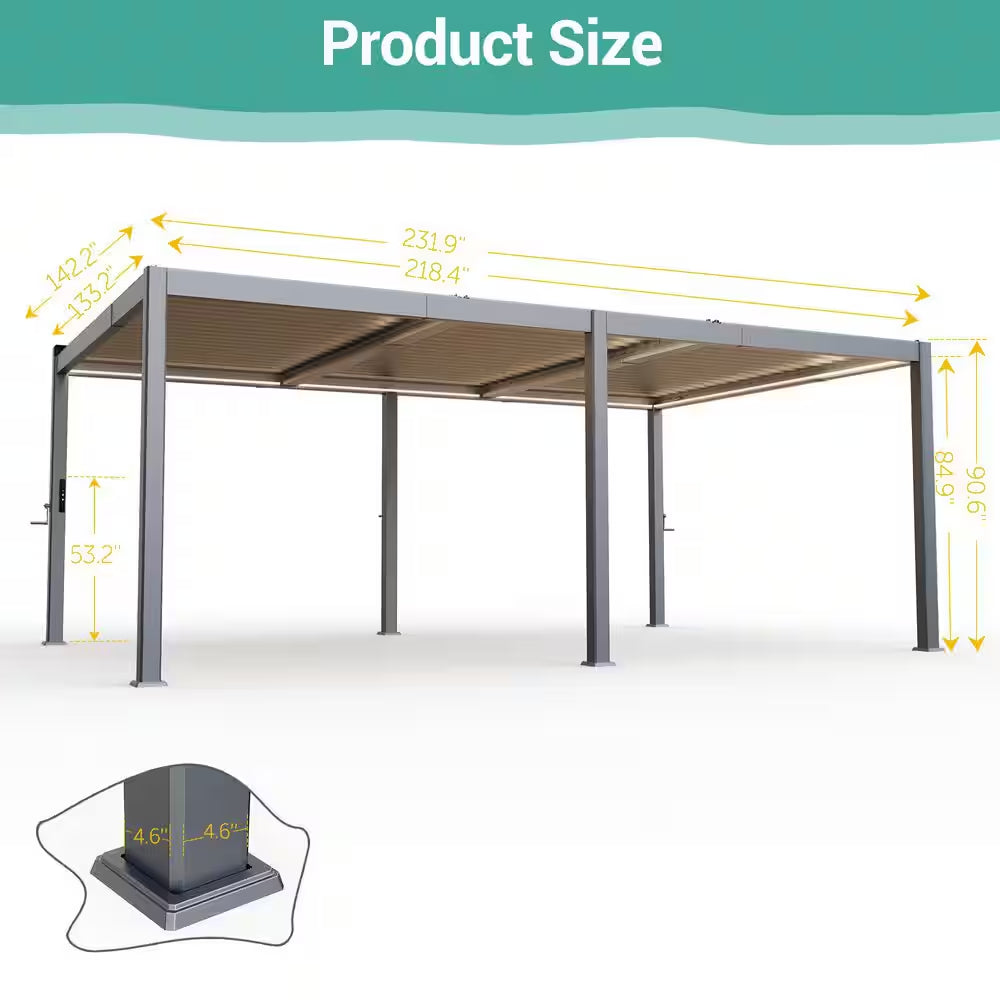 12 Ft. X 20 Ft. All-Aluminum Louvered Pergola with Adjustable Roof, Detachable LED Control Panel, Gray