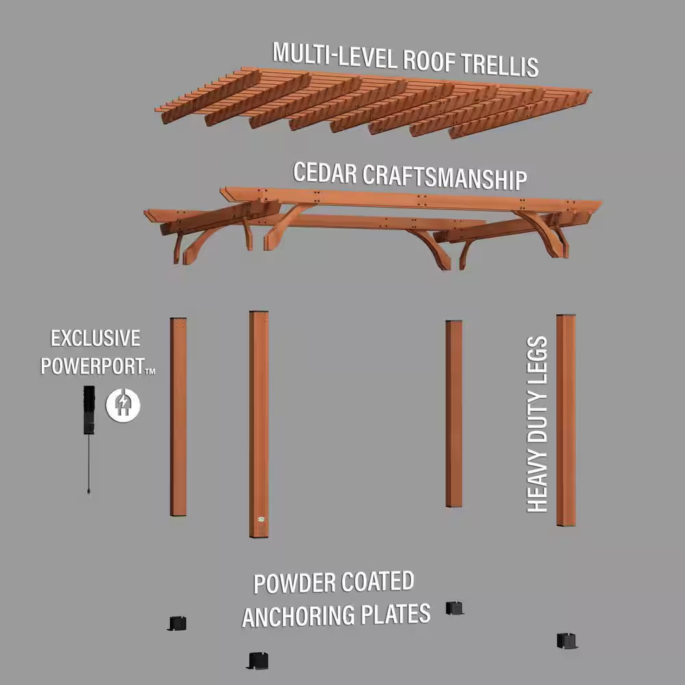 Beaumont 14 Ft. X 12 Ft. Light Brown Traditional Outdoor All Cedar Wood Patio Pergola Shade Structure with Electric