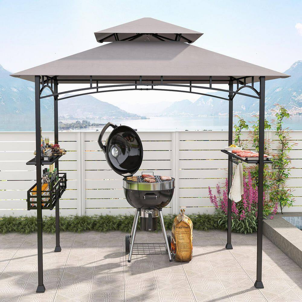 8 Ft. X 5 Ft. Gray Outdoor Grill Gazebo with 2 Side Shelves and 20 Hooks