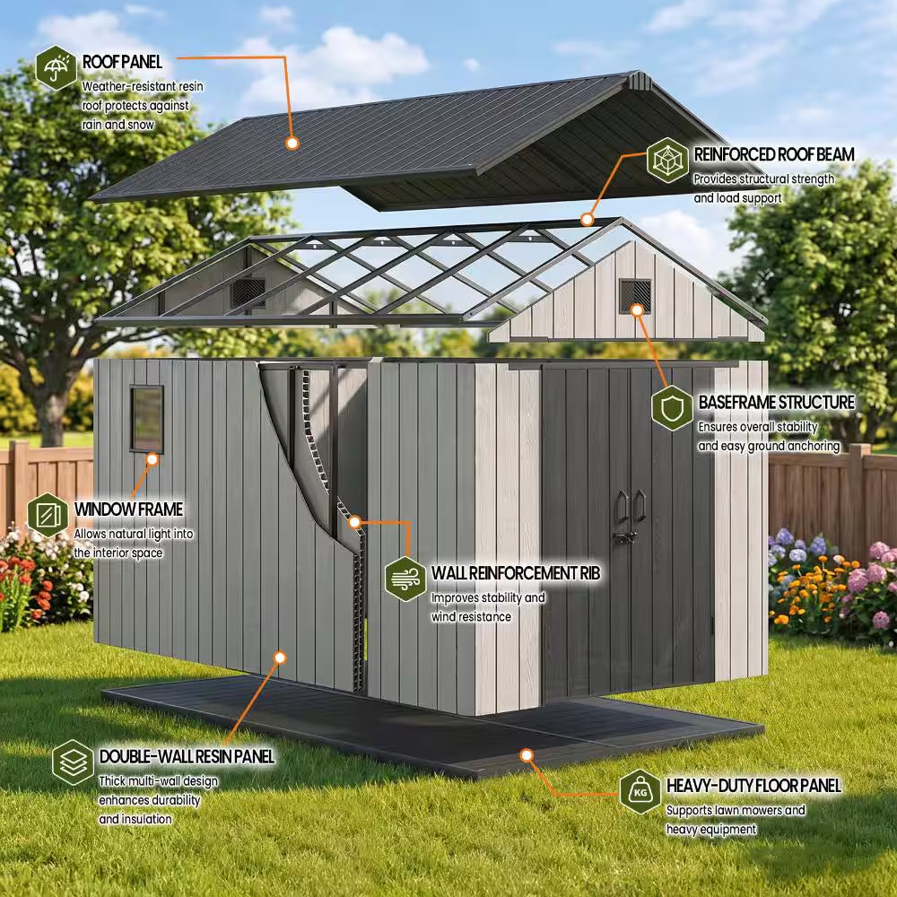 8 Ft. W X 12 Ft. D Resin Storage Shed with Double Doors, Window and Gable Vent 96 Sq. Ft.