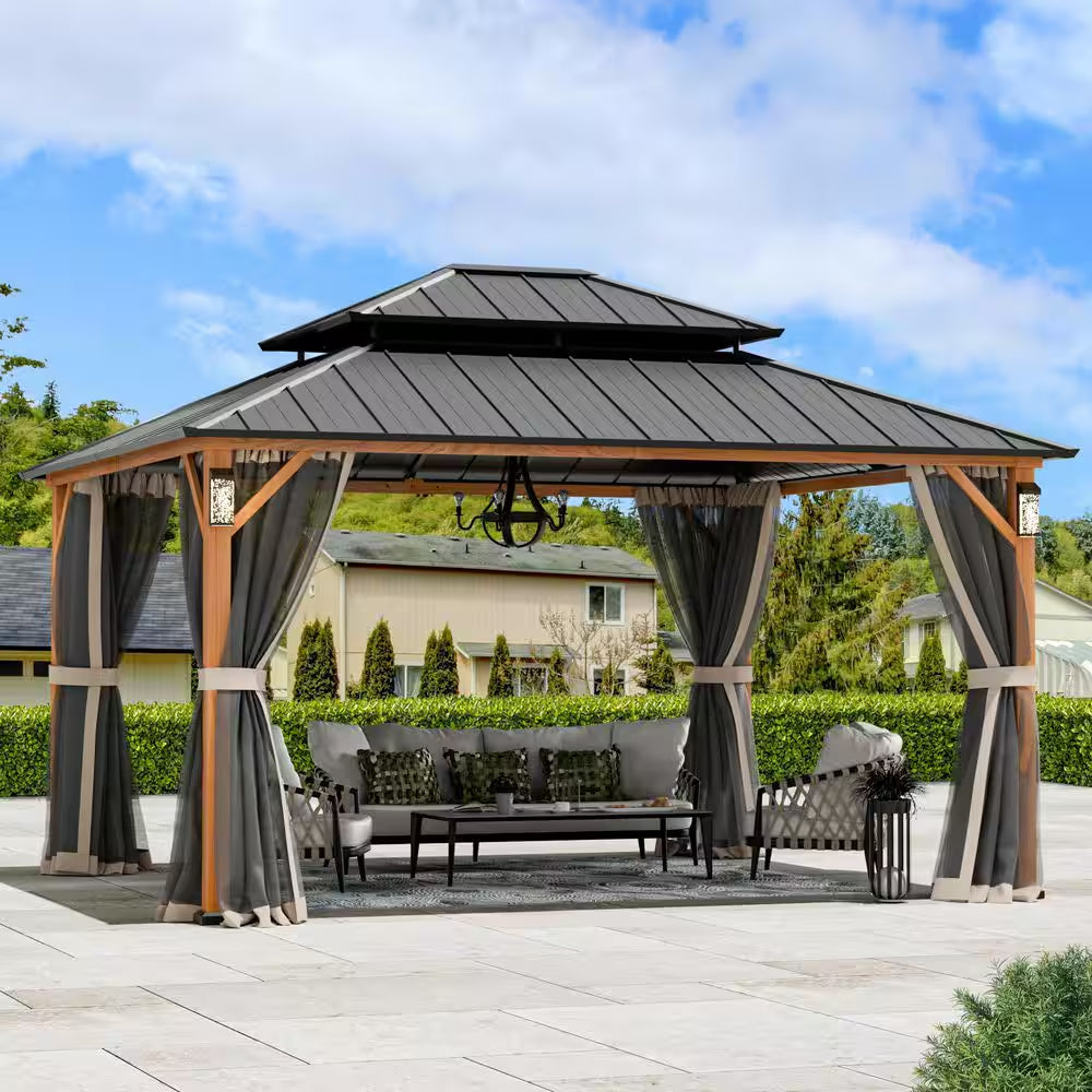 Ultra Series 12 Ft. X 14 Ft. Permanent Hardtop Gazebo with Solar LED Lights, Mosquito Nettings, Wood Looking