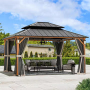 Ultra Series 12 Ft. X 14 Ft. Permanent Hardtop Gazebo with Solar LED Lights, Mosquito Nettings, Wood Looking