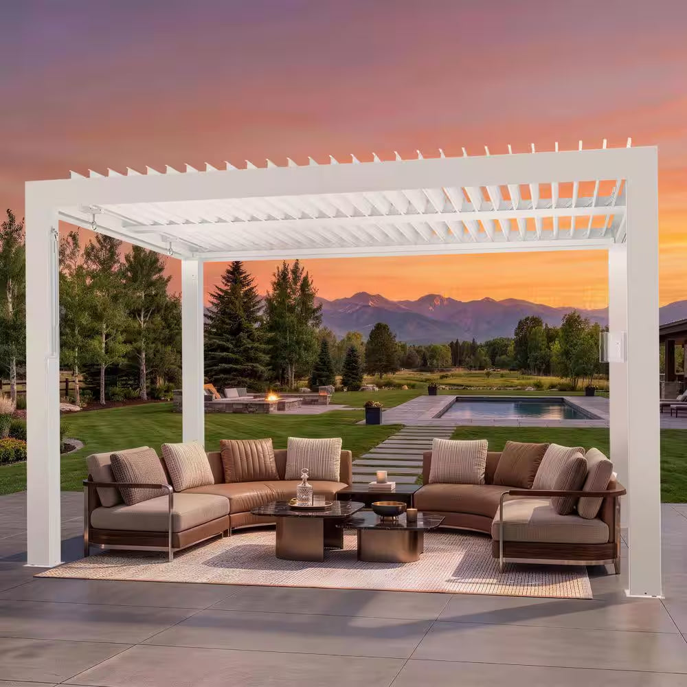 Ultra Series 10 Ft. X 12 Ft. Louvered Pergola with USB Charging Port Deck, Gazebo with Adjustable Roof, White
