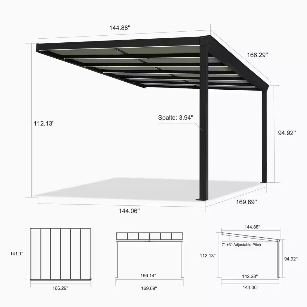 12 Ft. X 14 Ft. Gray Wall-Mounted Outdoor Pergola Aluminum Lean to Gazebo with PC Roof, LED Light and Retractable Canopy