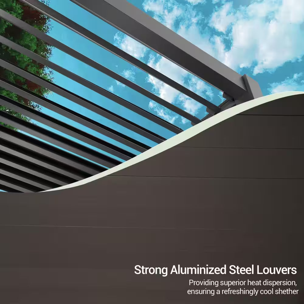 10 Ft. X 10 Ft. Modern Aluminum Pergola with Adjustable Louvers, LED Lights and Solar Charging, Charcoal Gray