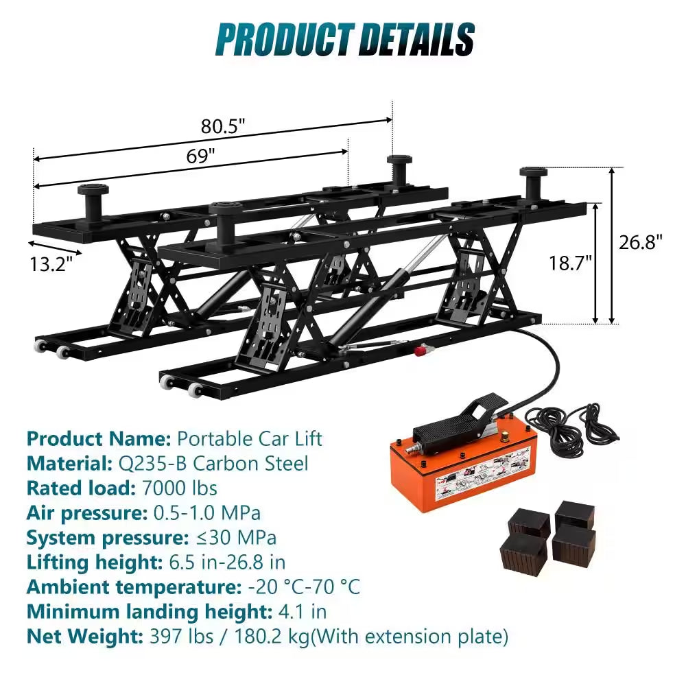 7000LBS Portable Car Lift, Air-Hydraulic Vehicle Lift with 26.8" Max Height, 11.5" Extension Plates, for Sedan, SUV