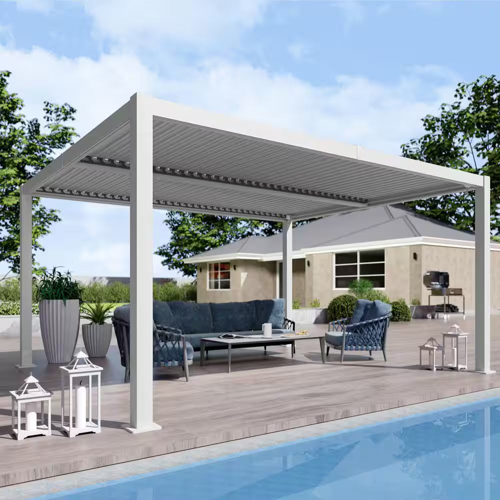 Elizabeth Outdoor 12 Ft. X 14 Ft. White Aluminum Louvered Pergola with Water-Tight Adjustable Rainproof Roof