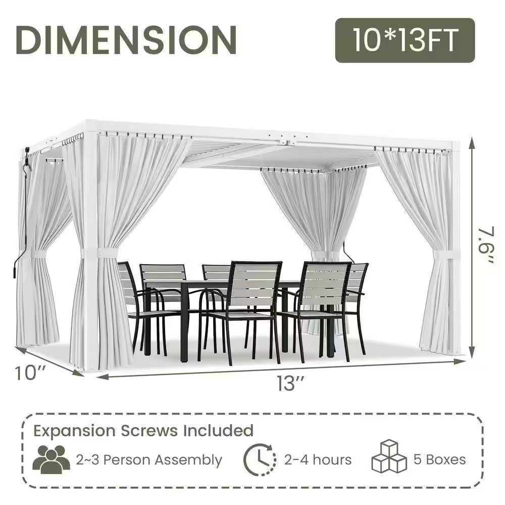 10 Ft. X 13 Ft. White Aluminum Louvered Pergola with Steel Roof and Curtains