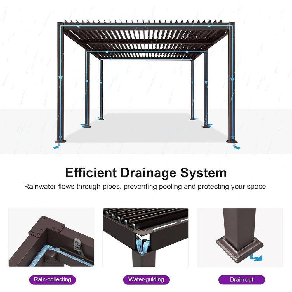 11.7 Ft. X 18.2 Ft. Bronze Aluminum Outdoor Louvered Pergola with 3-Individual Adjustable Roofs and In-Built Gutter