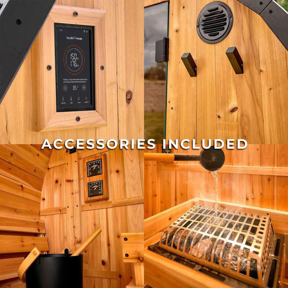 Paxton 6-Person Outdoor Cedar Traditional Wet/Dry Barrel Sauna with 9Kw Electric Heater, Wi-Fi Control, LED Lights