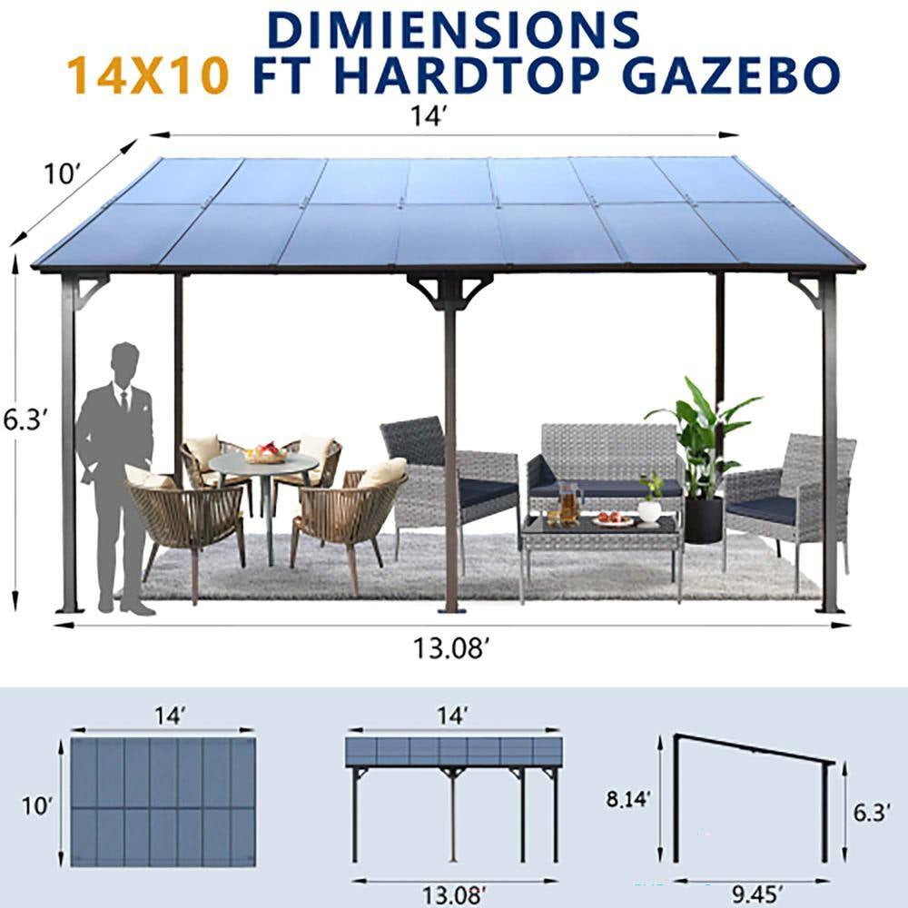 10 Ft. X 14 Ft. Heavy-Duty Wall-Mounted Lean-To Metal Pergola Gazebo with Roof