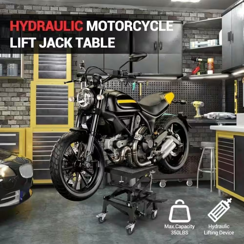 350 Lbs Hydraulic Motorcycle Lift Jack, Black Foot-Operated Scissor Lift with Wide Deck & Safety Lock for ATV Dirt Bike