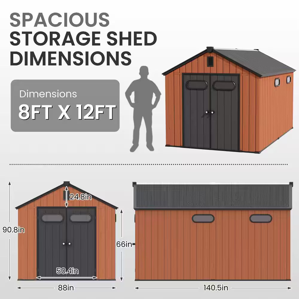 Brown 12 Ft. X 8 Ft. Outdoor Resin Storage Shed with Floor and Windows All-Weather Plastic Garden Tool Shed 96 Sq. Ft.
