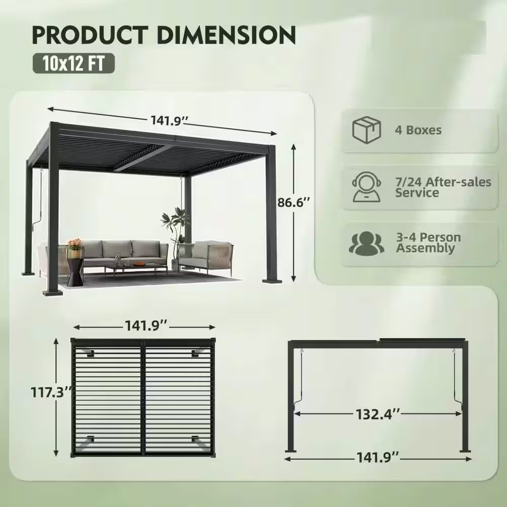 10 Ft. X 12 Ft. Black Steel Outdoor Louvered Pergola with Water-Tight Adjustable Roof