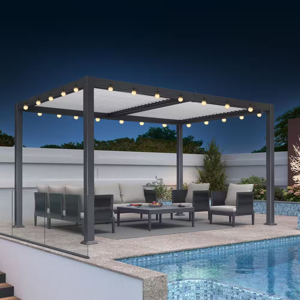 10.2 Ft. X 14.2 Ft. Gray Aluminum Outdoor Louvered Pergola with White Adjustable Roofs and String Lights