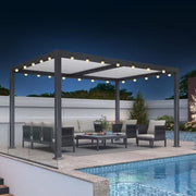 10.2 Ft. X 14.2 Ft. Gray Aluminum Outdoor Louvered Pergola with White Adjustable Roofs and String Lights