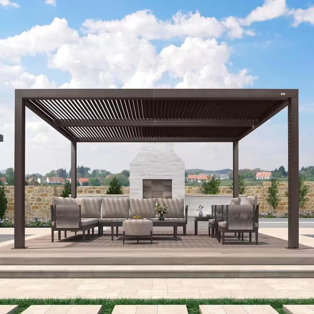 10 Ft. X 14 Ft. Bronze Aluminum Frame Patio Hardtop Louvered Pergola with Adjustable Sunshade Roofs and In-Built Gutter