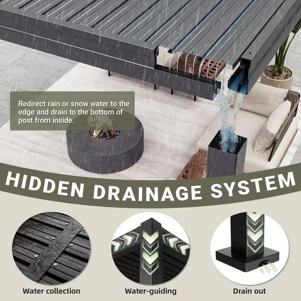 10 Ft. X 12 Ft. Black Steel Outdoor Louvered Pergola with Water-Tight Adjustable Roof
