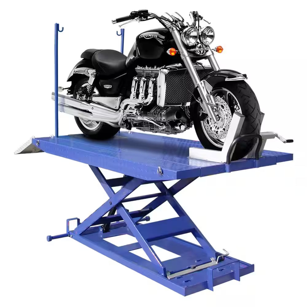 High Rise Motorcycle Lift Bench with Vise, Sides, Balance Bar, Pump 1,500 Lbs.