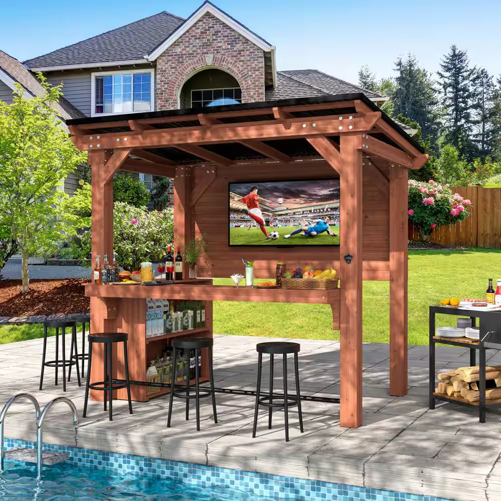 8.5 Ft. X 6 Ft. Cedar Wood Outdoor Bar Gazebo Pergola with Metal Sloped Roof, Storage Cabinet and TV Mount
