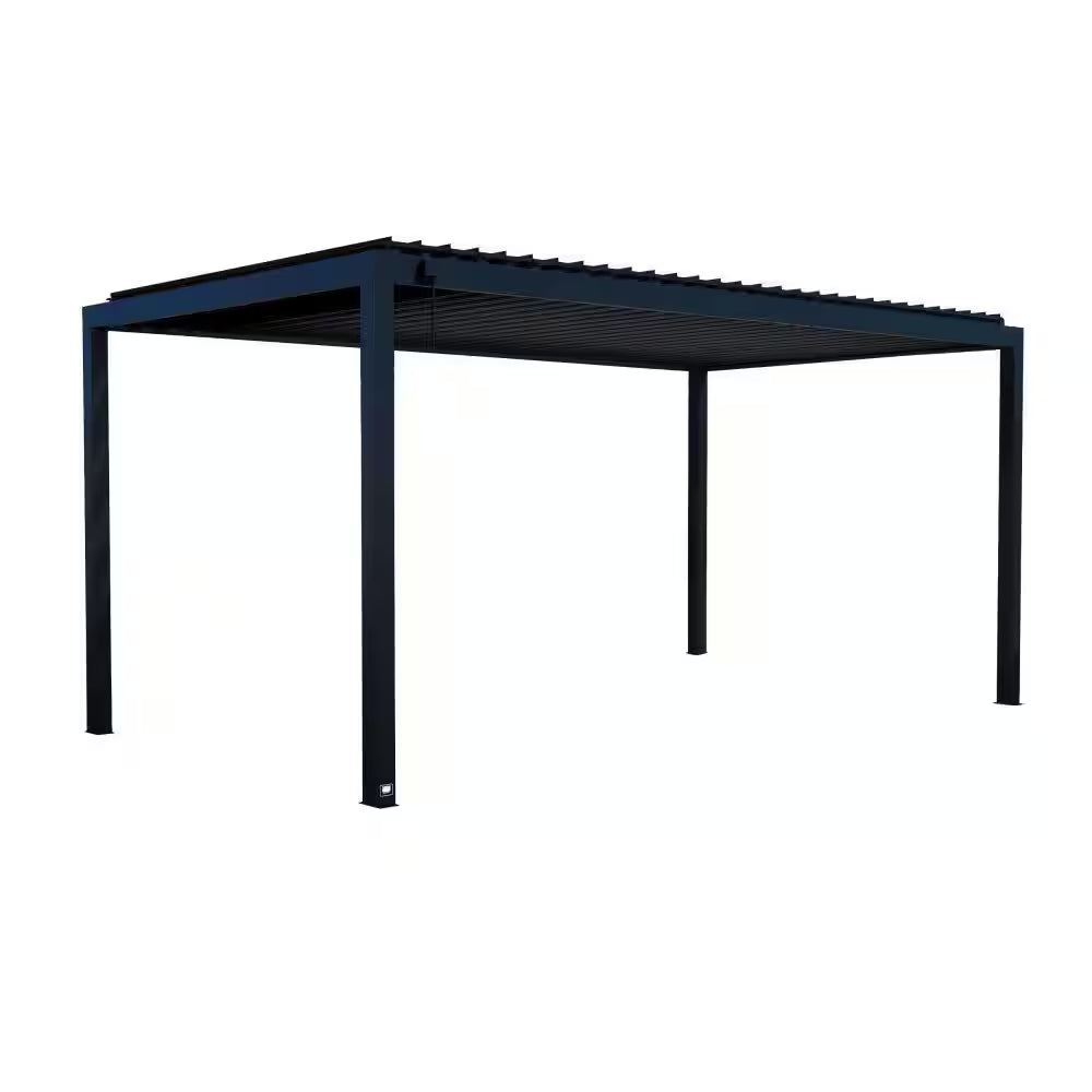 Sarasota 18 Ft. X 10 Ft. Black Galvanized Steel Outdoor Louvered Pergola Kit with Adjustable Steel Roof and Powerport
