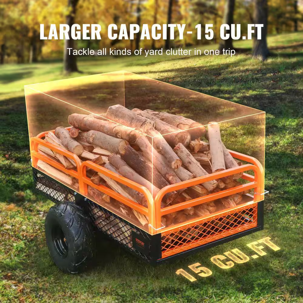 1500 Lbs. 15 Cu. Ft. Steel Havy-Duty ATV Trailer Dump Cart, Garden Cart Garden Utility Trailer with Removable Sides
