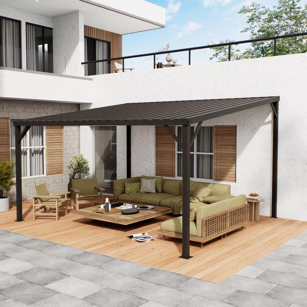 14 Ft. X 12 Ft. Large Heavy Duty Metal Outdoor Pergola Gazebo, Wall-Mounted Lean to Awning Gazebo with Roof