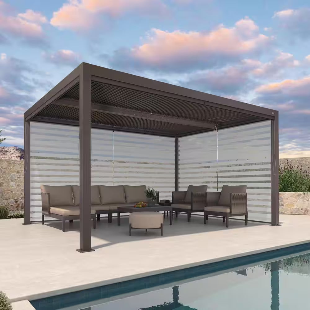12 Ft. X 14 Ft. Bronze Aluminum Frame Louvered Pergola with Adjustable Shade Roof and 1-Long 1-Short Side Roller Shades