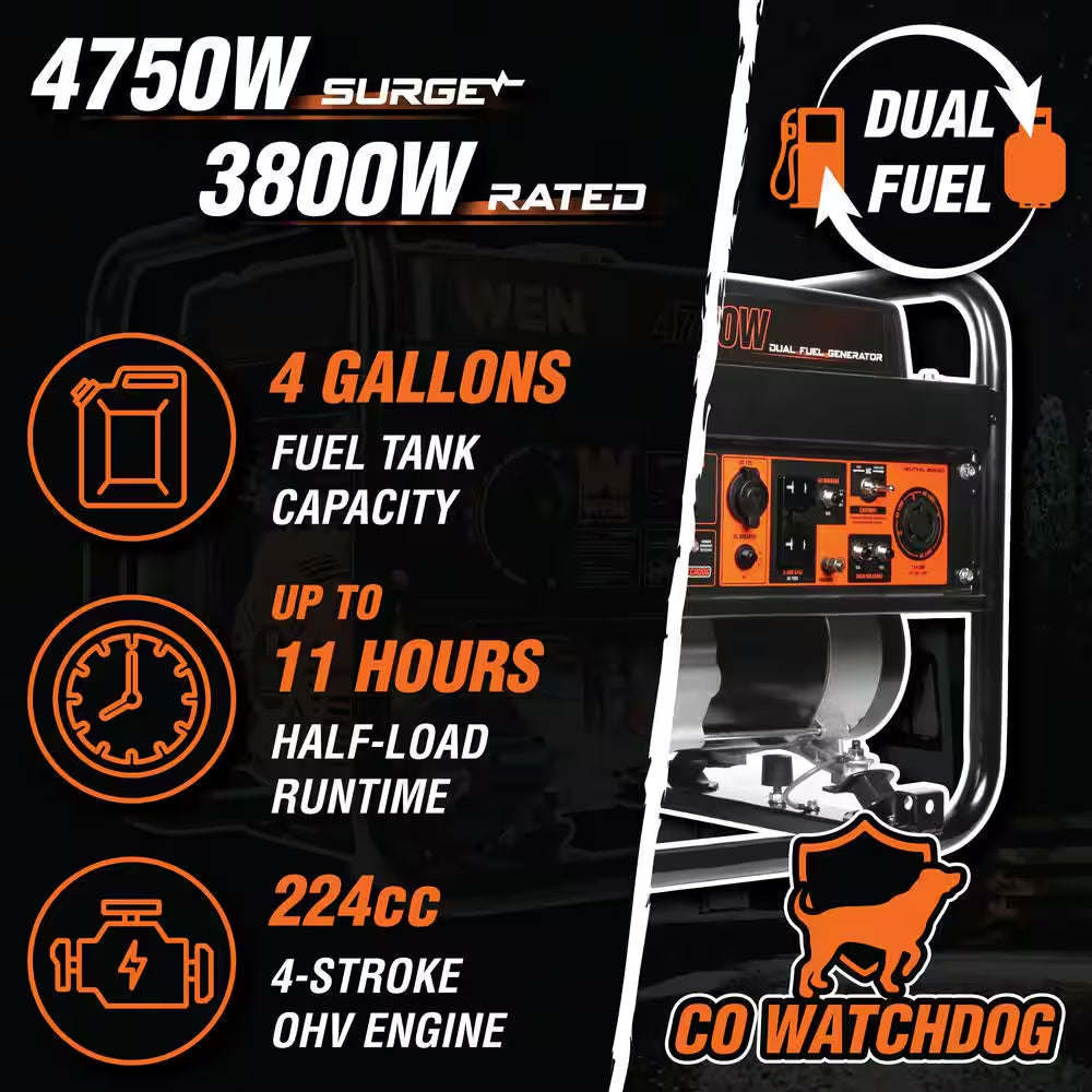 4,750-Watt 120V/240V Dual Fuel Recoil Start Gas Portable Generator with CO Watchdog