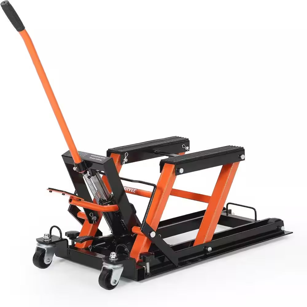 1500 Lbs Hydraulic Motorcycle Scissor Lift Jack, Heavy Duty Adjustable Lift Table with Foot Pedal & Wheels， Black&Orange