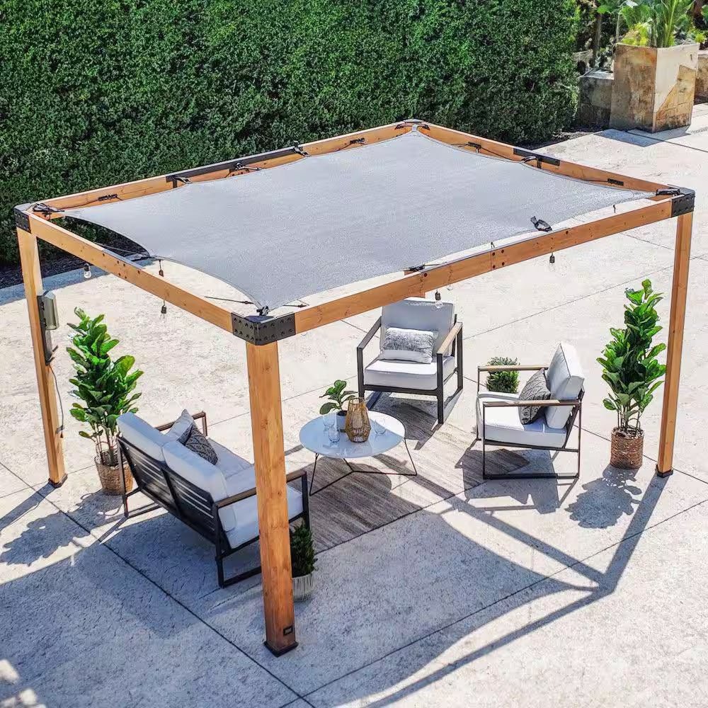 Brendan 10 Ft. X 12 Ft. Light Brown Cedar Wood Patio Pergola with Sun Shade Sail Screen Canopy and Powerport