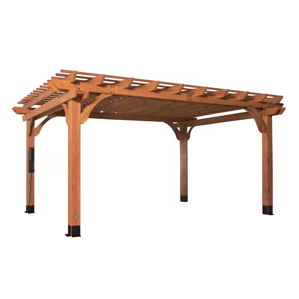 Beaumont 16 Ft. X 12 Ft. Light Brown Traditional Outdoor All Cedar Wood Patio Pergola Shade Structure with Electric