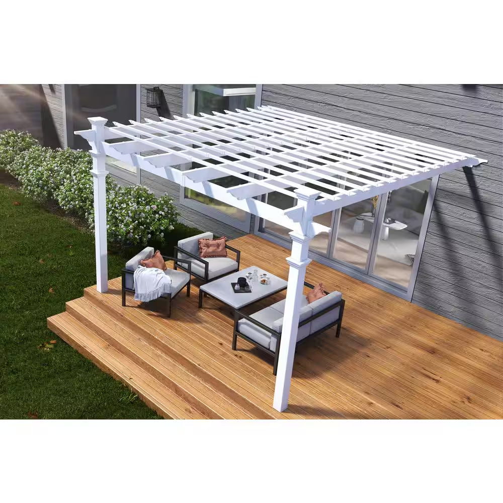 144"L X 152"W X 106"H Vinyl Freemont Attached Pergola, White, VA42044