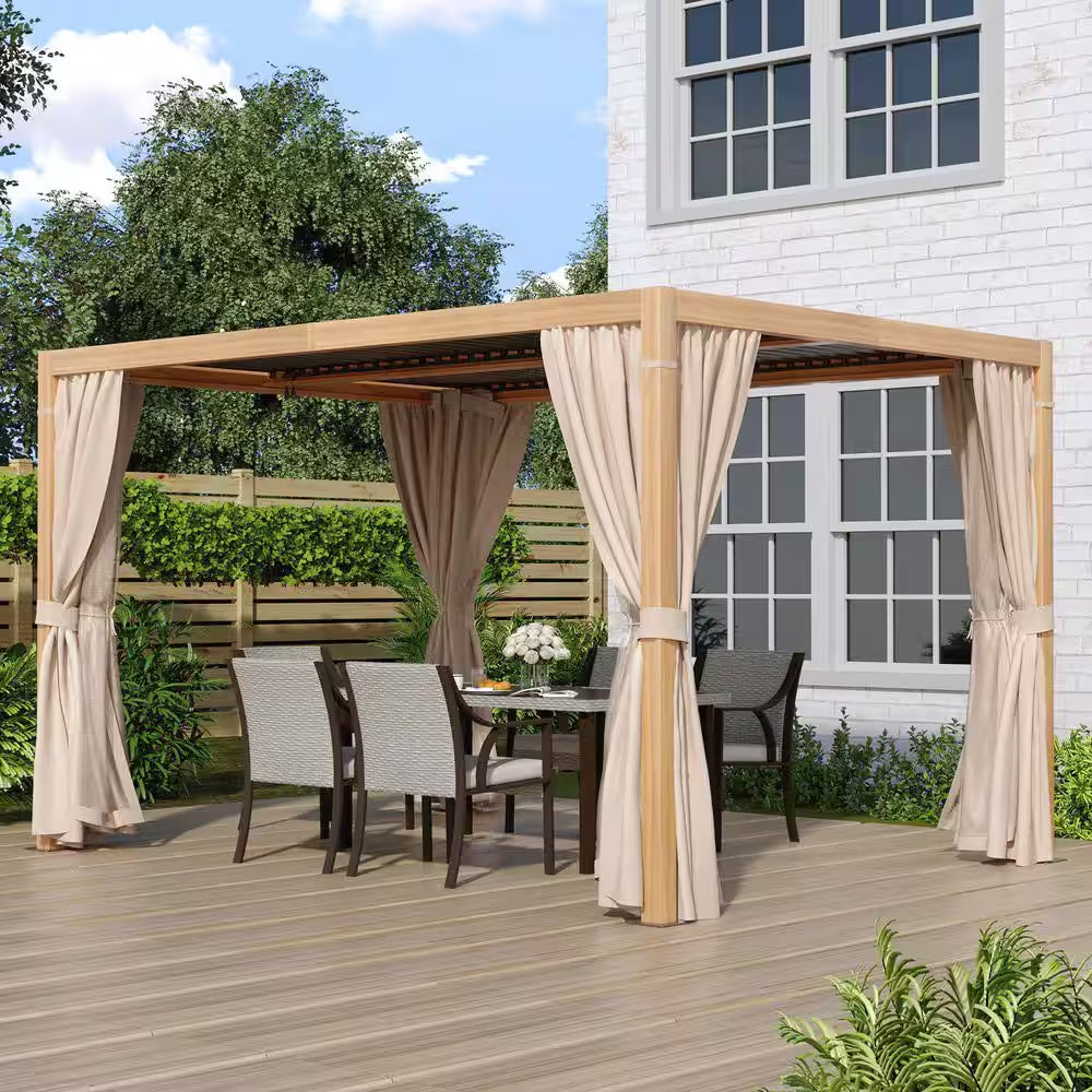 10 Ft. X 13 Ft. Wood Grain Aluminum Louvered Pergola with Adjustable Roof and Khaki Curtains