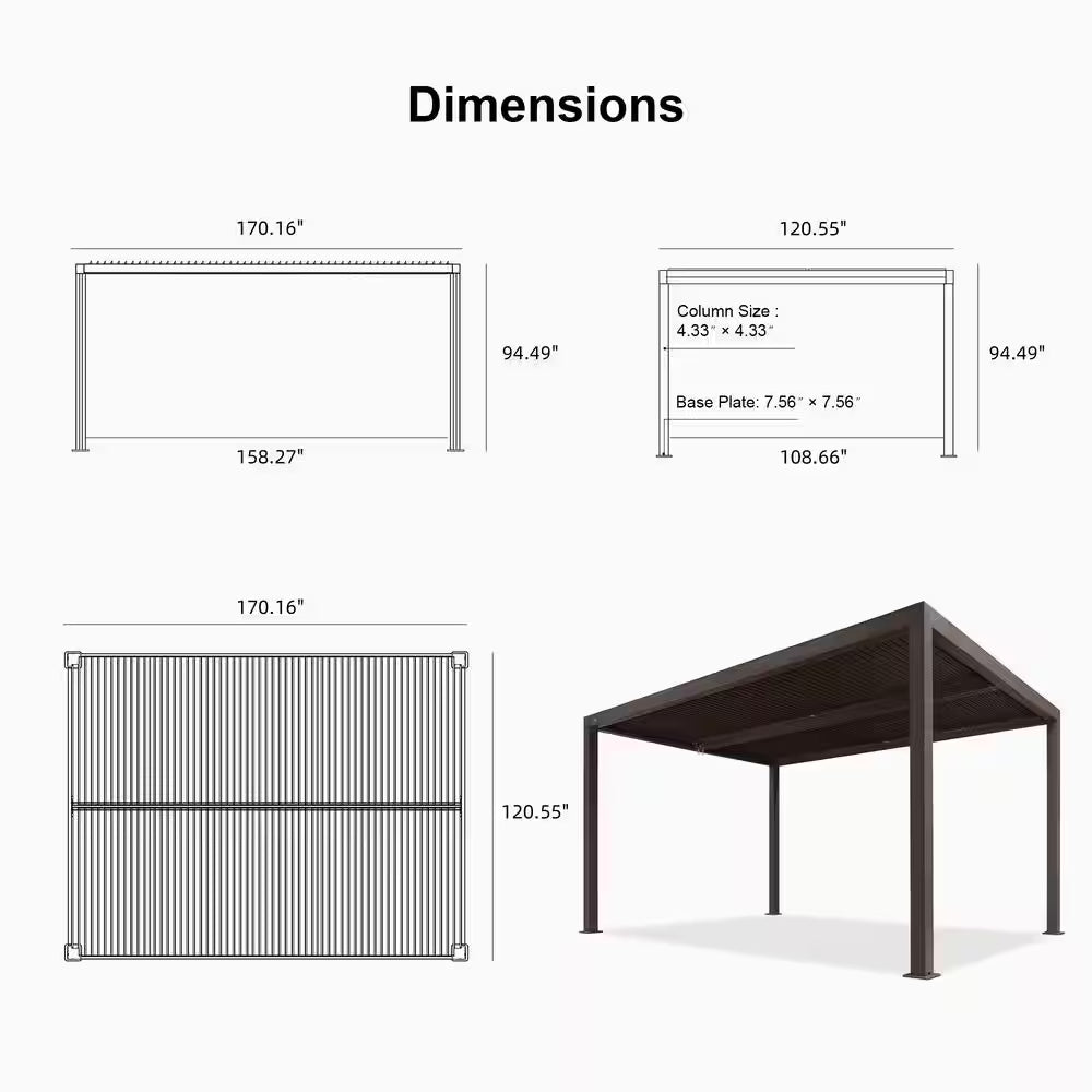 10 Ft. X 14 Ft. Bronze Aluminum Frame Patio Louvered Pergola Gazebo with Adjustable Sunshade Roof and LED Strip Lights