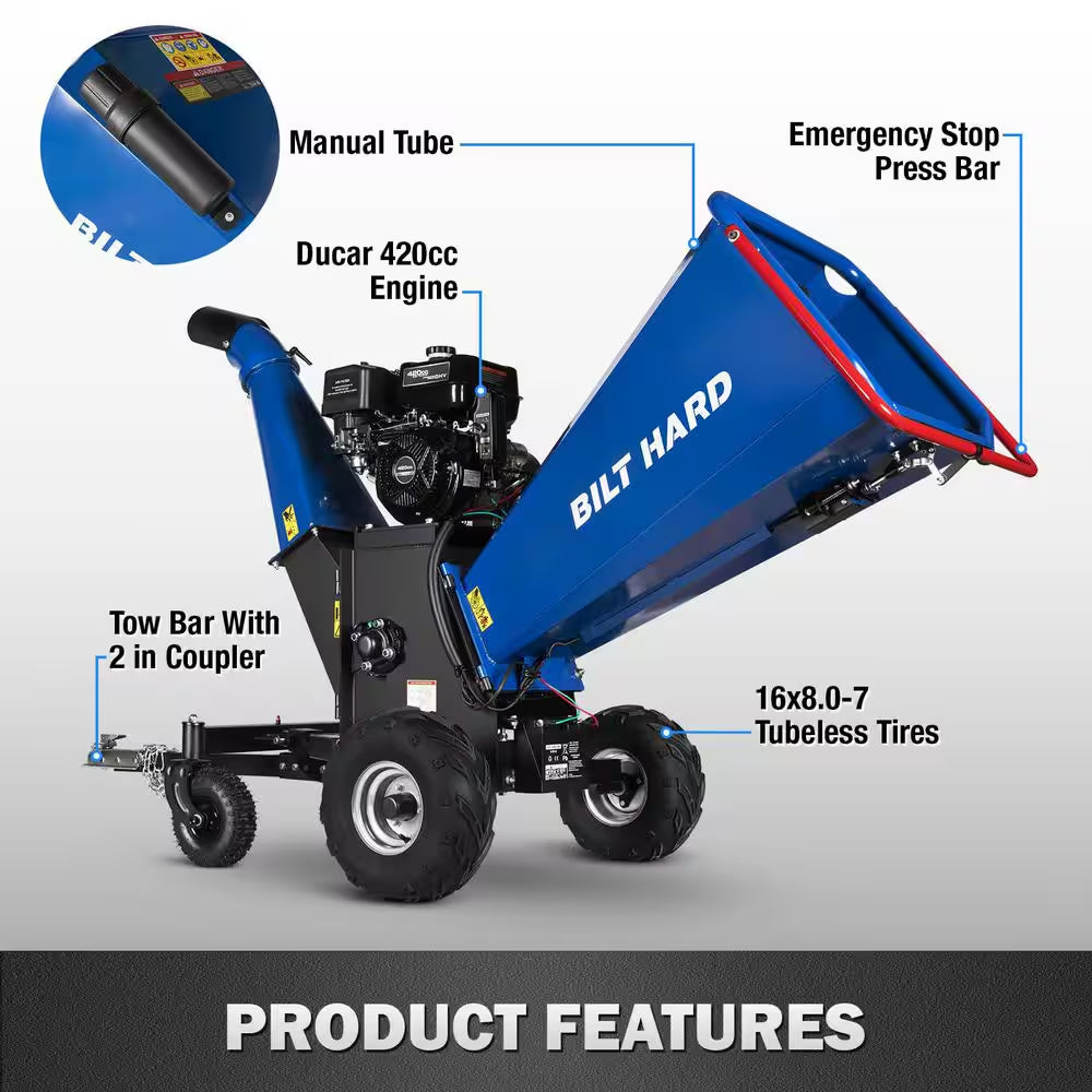 6 In. 15 HP 420 Cc Gas Powered Wood Chipper with E-Start 4-Wheels Towable Shredder Mulcher