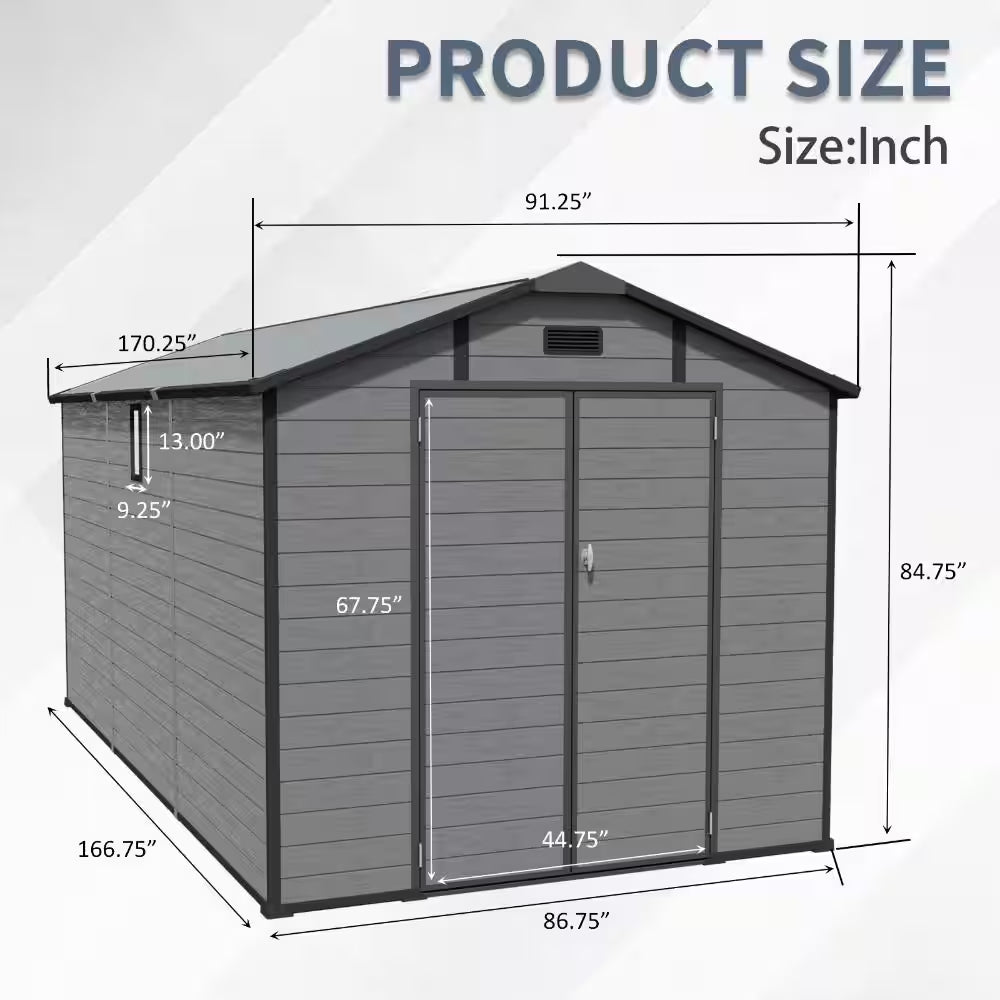 8 Ft. W X 14 Ft. D Plastic Resin Storage Shed with Floor and Windows in Dark Gray