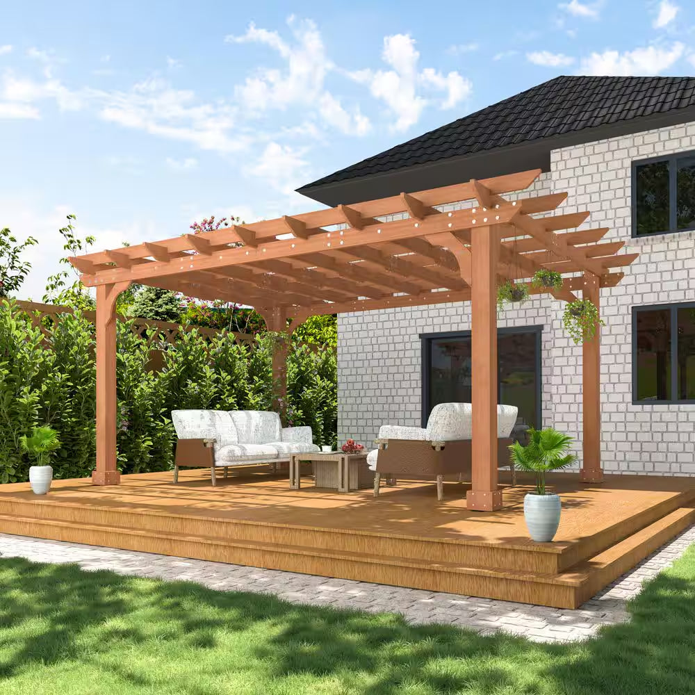 14 Ft. W X 10 Ft. D Brown Cedar Wood Patio Pergola Shade Structure for Outdoor