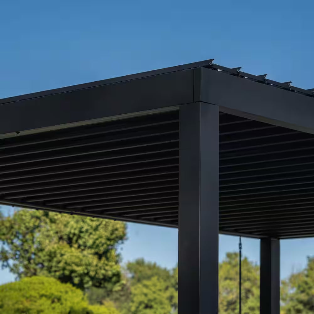 Sarasota 12 Ft. X 10 Ft. Black Powder Coated Steel Louvered Pergola with Integrated Drainage and Gutter Guards