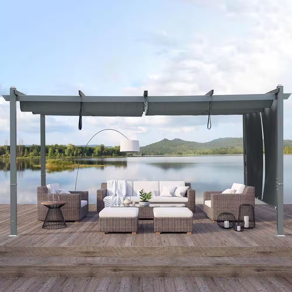 14 Ft. X 12 Ft. Gray Aluminum Frame Patio Pergola with Gray Retractable Shade Top Canopy and 2-Pieces Roller Shade