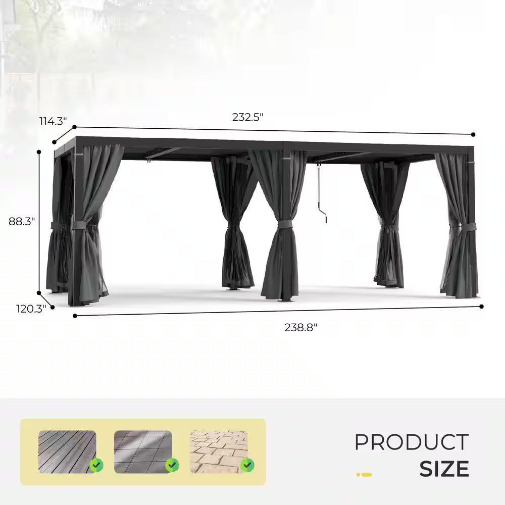 10 Ft. X 20 Ft. Black Aluminum Louvered Pergola with Adjustable Roof and Gray Curtains